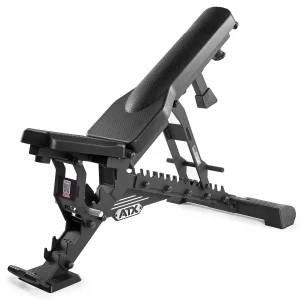 The ATX® Warrior Bench - Slim PU features a black padded seat and backrest, multiple incline settings, sturdy metal frame with foot stabilizers, and is ideal for gyms or home workouts.