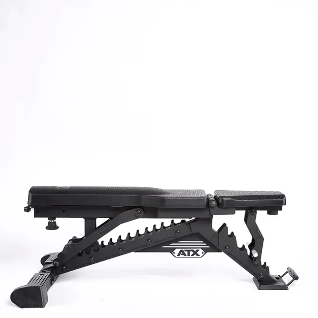 The ATX® Warrior Bench - Slim PU is shown in black on a plain white background, featuring a padded backrest and seat with multiple adjustable incline settings. The ATX logo is visible on the frame.
