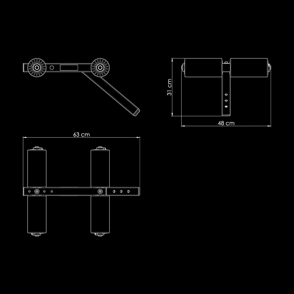 Technical drawing of the ATX® AB Attachment with side, front, and top views. Dimensions: 63 cm (width), 48 cm (depth), 31 cm (height). Clearly shows cylindrical parts and an angled support.