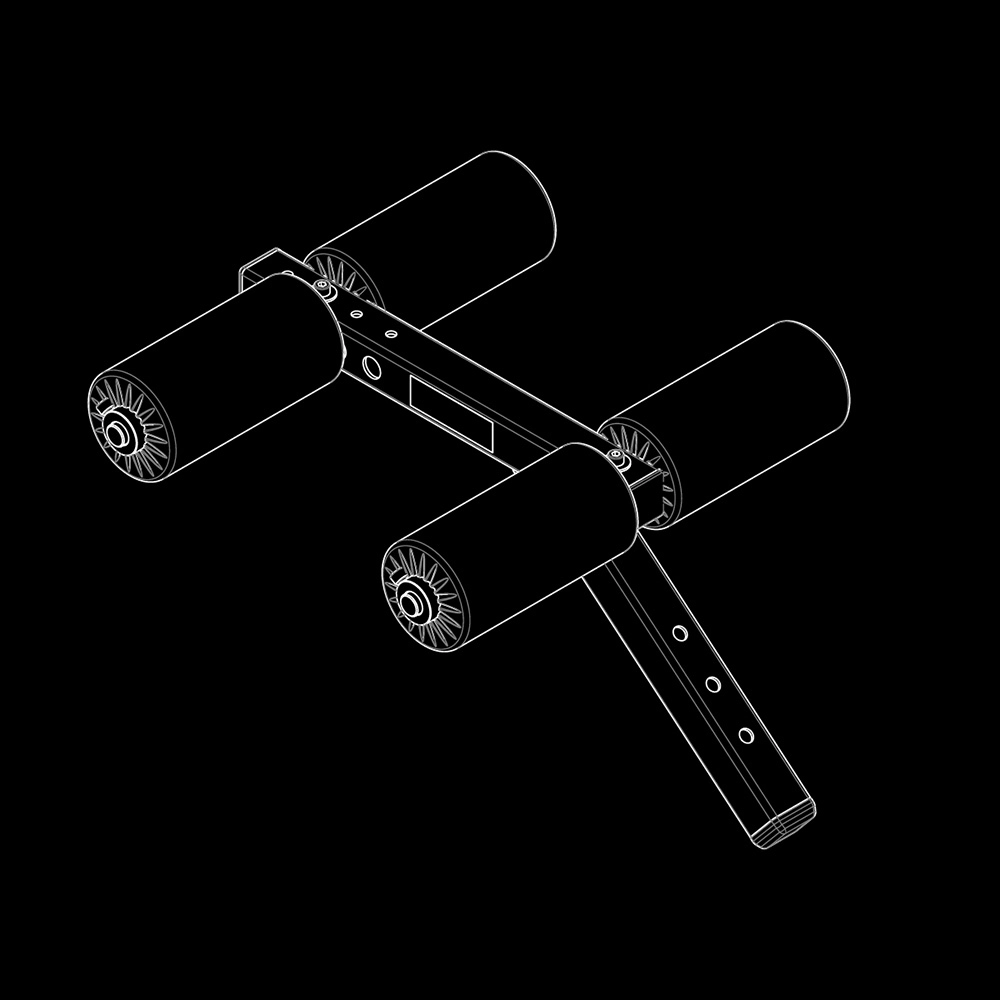A technical line drawing of the ATX® AB Attachment, a four-wheeled device with two parallel support bars fixed to cylindrical wheels, shown on a black background. The mechanical design suggests it is used as fitness equipment.