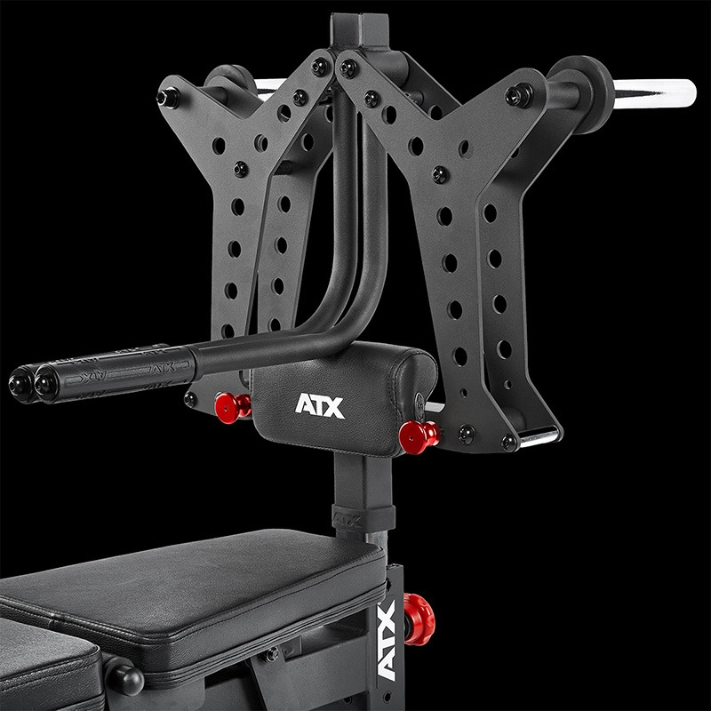 Close-up of the ATX® Pec-Fly Attachment: a black strength training machine featuring padded seat and backrest, adjustable arm mechanisms with multiple holes, and red adjustment knobs, set against a black background.
