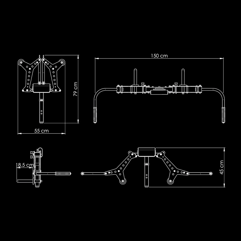 Technical drawing of the ATX® Pec-Fly Attachment, showing four views with dimensions: 150 cm wide, 79 cm tall, 55 cm base width, 46 cm height in one view, and 18.5 cm side depth—details included.