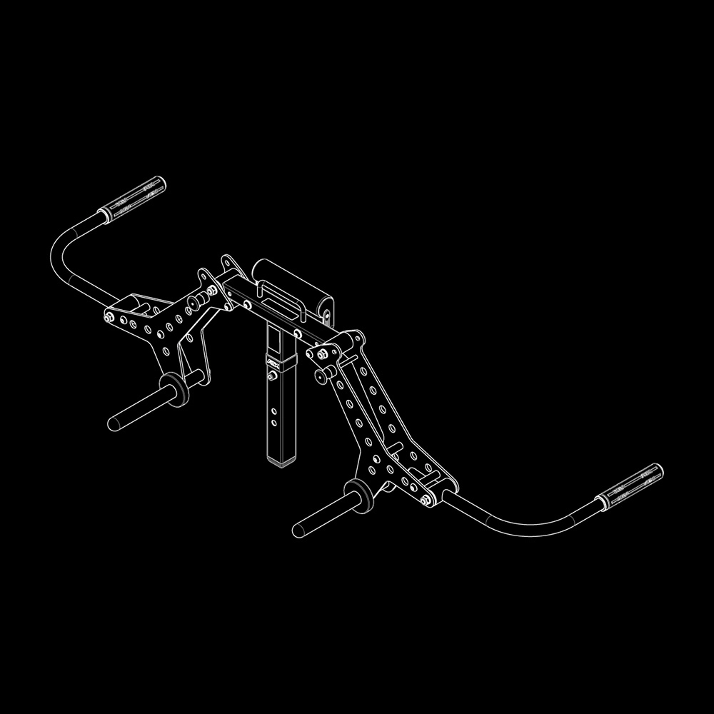Technical line drawing of the ATX® Pec-Fly Attachment with adjustable grips, rods, and multiple joints and levers, connected by bolts and hinges for customizable positioning, shown on a black background.