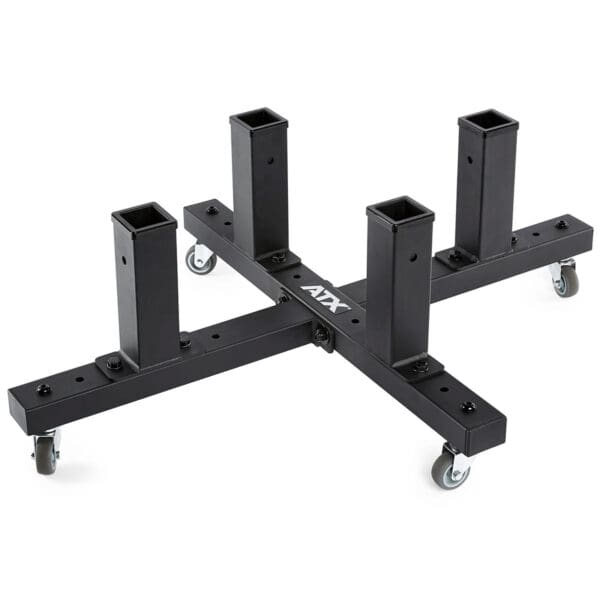 A black ATX® Attachment Storage Rack with a cross-shaped base features four vertical square posts and four caster wheels, labeled ATX at the center of the cross.
