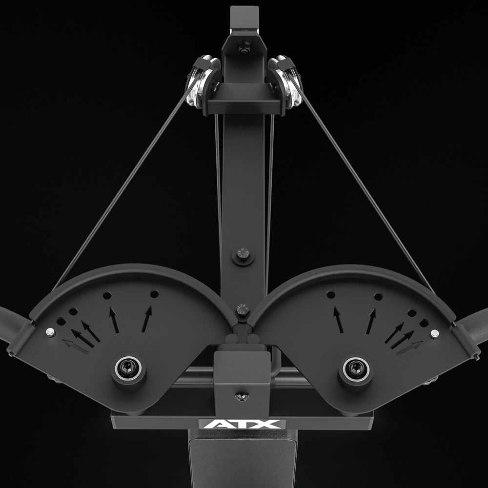 Close-up of a black ATX® Pec Fly/Rear Delt Machine gym cable machine, highlighting two pulleys, wires, and adjustment settings viewed from the front against a dark background. The ATX logo is clearly visible at the bottom center of the image.