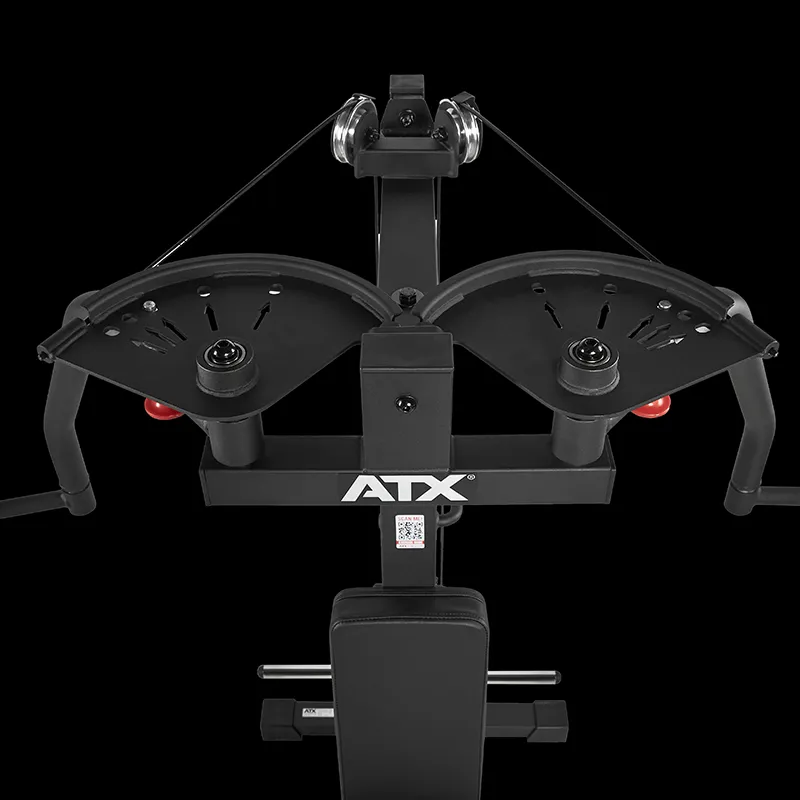Close-up of the ATX® Pec Fly/Rear Delt Machine, a black fitness unit with adjustable arms, pulleys, and cables for pec fly and rear delt exercises. Features multiple adjustment holes and a padded seat, set against a black background.
