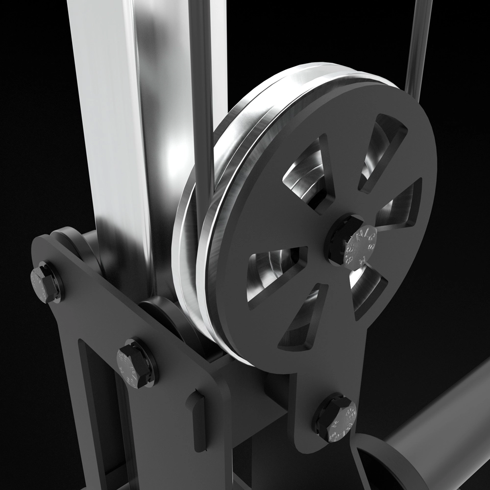 Close-up of a metal pulley system with a belt on a black background. The image shows bolts, grooves, and reflective surfaces, highlighting the industrial design and mechanical details characteristic of equipment like the ATX® Pec Fly/Rear Delt Machine.