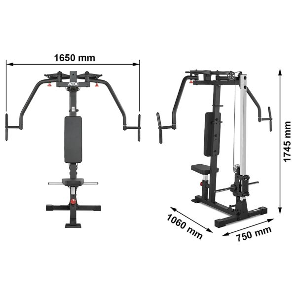The ATX® Pec Fly/Rear Delt Machine is a multi-gym fitness equipment with side views, dimensions of 1650 mm width, 1060 mm depth, and 1745 mm height. It features a padded bench and various handles for exercises, including pectoral fly and rear deltoid workouts.