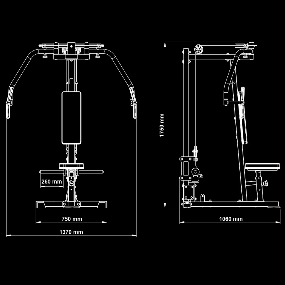 Technical drawing of the ATX® Pec Fly/Rear Delt Machine with front and side views, labeled dimensions include height 1760 mm, width 1370 mm, seat width 260 mm, and depth 1060 mm, displayed on a black background.