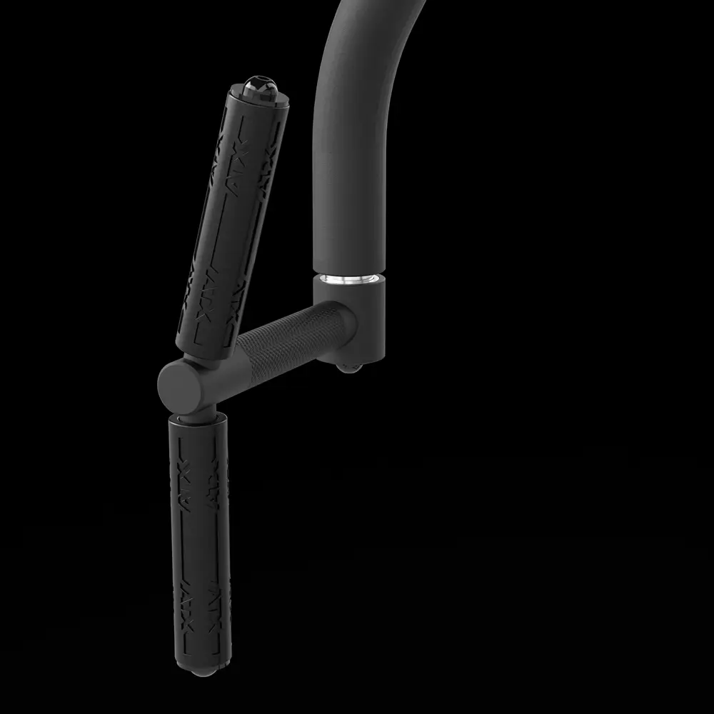 A close-up of a black, L-shaped handlebar with textured grips on both the horizontal and vertical bars, set against a black background—expertly engineered as part of the ATX® Pec Fly/Rear Delt Machine to provide optimal comfort and control during strength training exercises.