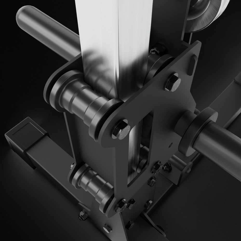 Close-up view of a black metal mechanical assembly featuring bolts, cylindrical rods, and a vertical rectangular beam—part of the ATX® Pec Fly/Rear Delt Machine—set against a dark background.