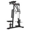 A home gym machine featuring a multi-functional workout station, including a chest flyes machine with a high pulley system. It includes an adjustable seat and backrest, with padded supports for various exercises. The frame is predominantly black with silver accents.