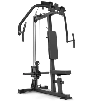 The ATX® Pec Fly/Rear Delt Machine is a black multi-function home gym machine featuring a padded seat, backrest, pulleys, and handles for various strength training exercises—including specialized capabilities for effective chest and shoulder workouts.