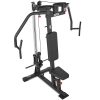 A multifunctional gym machine with a black frame and seat, designed for upper body workouts. This pectoral fly machine features adjustable pulleys and handles for exercises like chest flyes and shoulder presses.