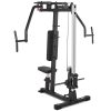 Home gym machine with padded seat, backrest, and handles. Includes a pulley system, weight stack, and adjustable arms for exercises like chest press and pec fly. This black and silver pectoral fly machine features a sturdy frame for diverse workouts.
