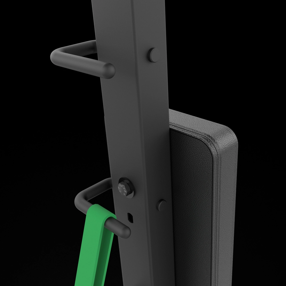 Close-up of the ATX® Pec Fly/Rear Delt Machine—a black metal gym rack with horizontal handles, one handle looped with a green resistance band, and a padded backrest—all set against a black background, showcasing the equipment’s sturdy design.