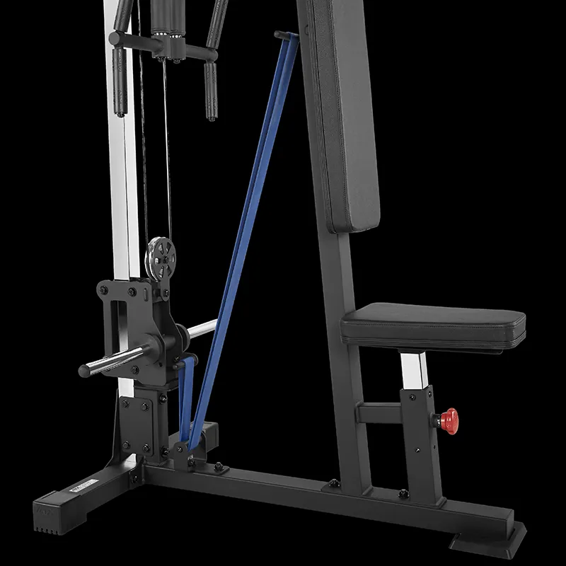A close-up of the ATX® Pec Fly/Rear Delt Machine in black and silver shows its padded seat, backrest, pulleys, cable system, and blue resistance band for pec fly and rear delt workouts against a black background.