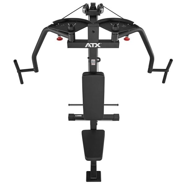 A black ATX dual cable machine with pulleys and adjustable arms, ideal as a pectoral fly machine. It features padded seating and back support for various upper body exercises. The design emphasizes a sturdy, compact frame perfect for gym or home use.