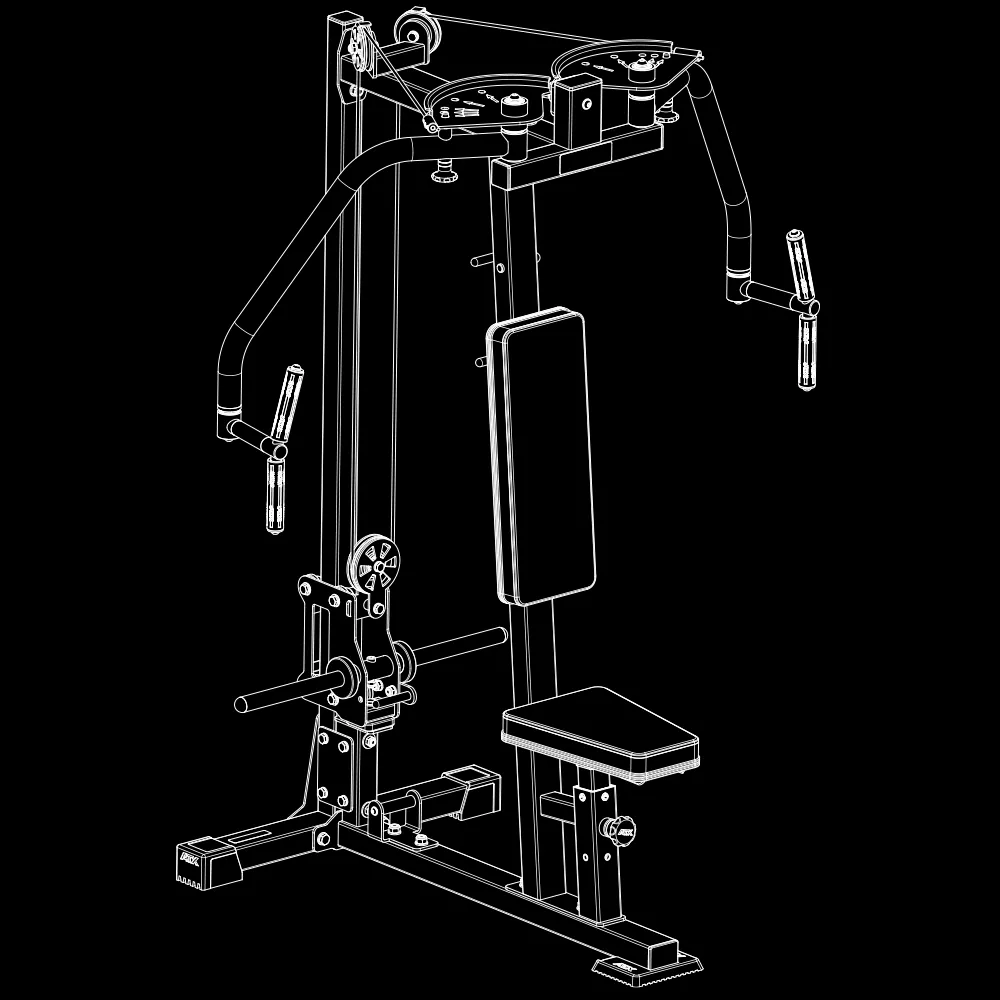 Black and white line drawing of the ATX® Pec Fly/Rear Delt Machine, a multi-function gym machine featuring a padded seat, adjustable backrest, handles, pulleys, and weight plates; designed for strength training exercises such as chest fly, lat pulldown, leg extension, and rear delt movements.