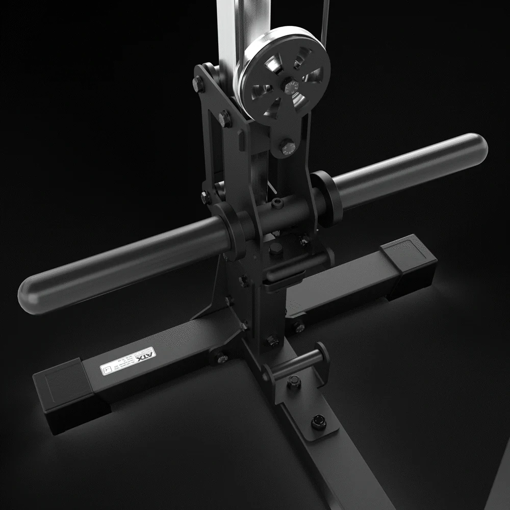 The ATX® Pec Fly/Rear Delt Machine features black metal construction with cylindrical handles, a pulley system, and a sturdy base, all set against a dark background. The design includes visible bolts, a label, and a silver wheel at the top—hallmarks of high-quality strength-training equipment.