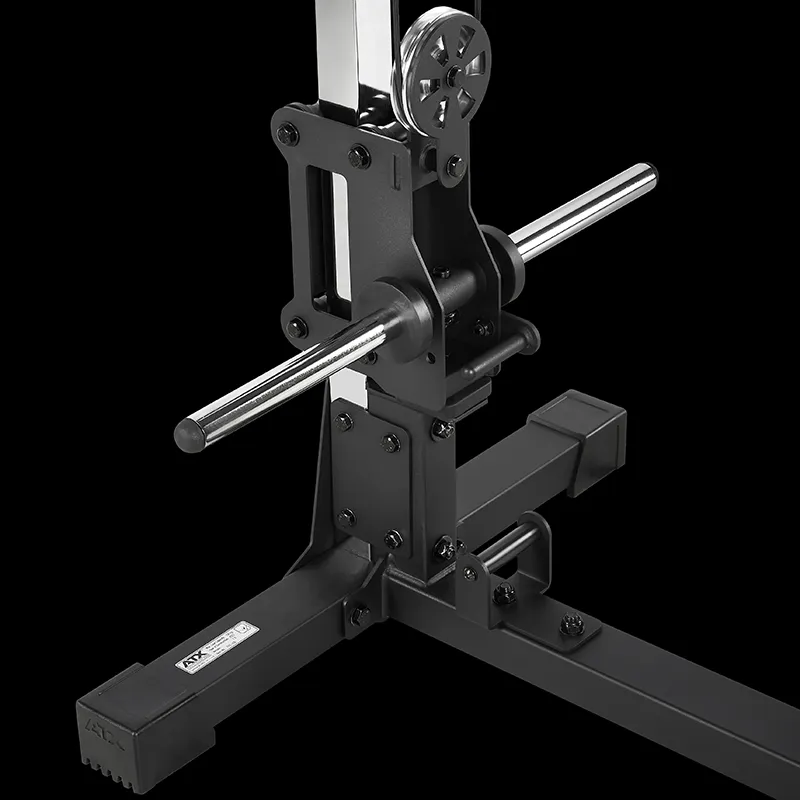 Close-up of the ATX® Pec Fly/Rear Delt Machine, featuring a sturdy black metal frame with adjustable rails and knobs for precise mechanical adjustments. Its stable base and industrial design make it perfect for targeted pec fly or rear delt exercises.