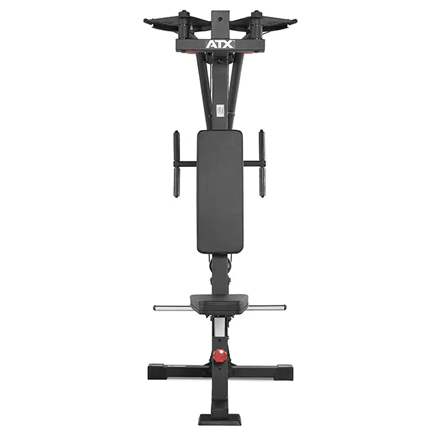 The ATX® Pec Fly/Rear Delt Machine is a black, multi-functional gym unit with a padded bench, handles, and weight plate holders for upper body workouts like pec flys and rear delts. The ATX logo is displayed at the top.