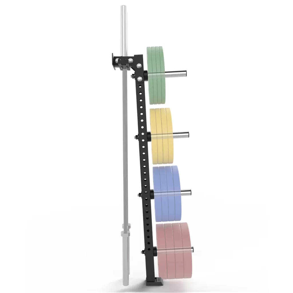 The ATX® Wall-Mounted Weight Plate Tree organizes green, yellow, blue, and red weight plates on horizontal pegs, with a silver barbell stored upright beside the rack for efficient storage.