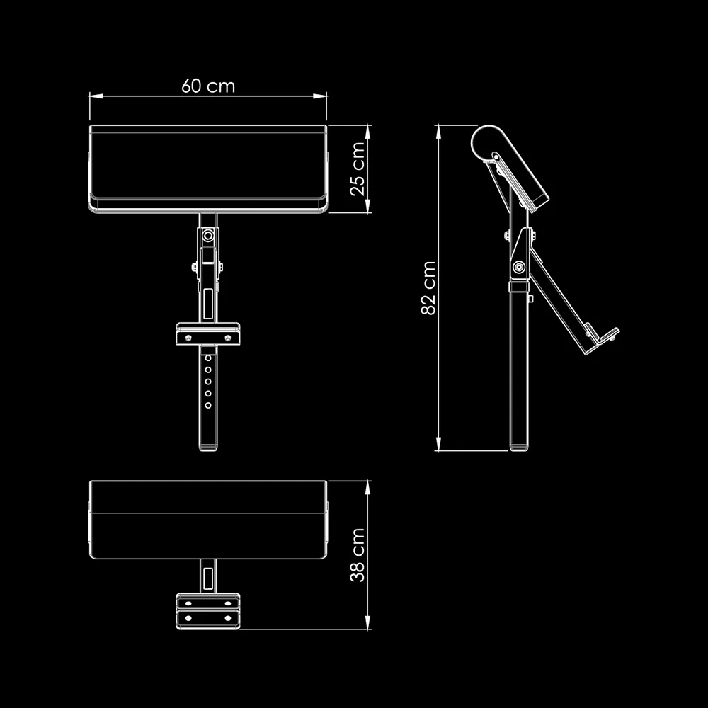 Technical drawing of the ATX Bicep Curl Pad bench attachment showing front, top, and side views with dimensions in centimeters.