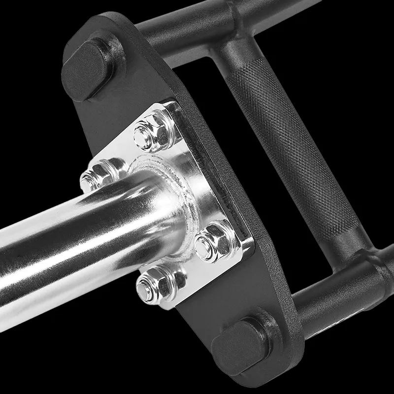 Close-up of an ATX® Cambered Swiss Bar 50mm featuring a knurled handle and metal collar secured by four bolts, set against a black background.