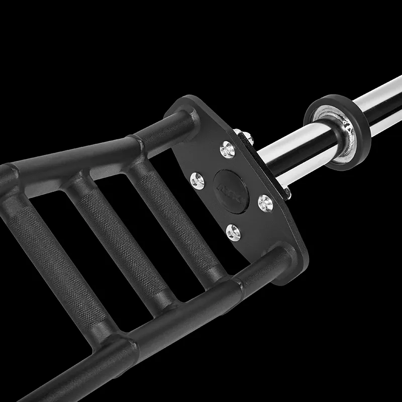 Close-up of the ATX® Cambered Swiss Bar 50mm featuring a black multi-grip, textured handle, chrome sleeve, and bolts against a black background.