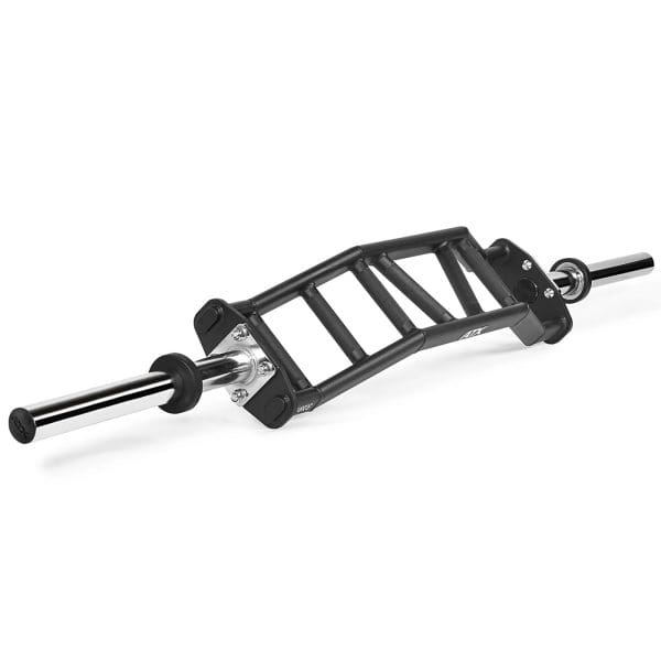 A black and silver hex bar with multiple grip options is displayed on a white background. This versatile piece of equipment resembles a cambered Swiss bar, featuring rotating handles for various lifting positions.