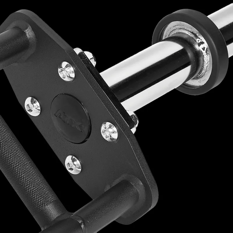 Close-up of the ATX® Cambered Swiss Bar 50mm, highlighting its black and chrome finish, ergonomic handle, sturdy base plate with bolts, and a barbell secured in the rotating sleeve against a black background.