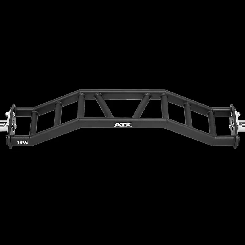The ATX® Cambered Swiss Bar 50mm is a black multi-grip barbell with angled and straight handles, "ATX" labeled in the center and "16KG" on the left end, designed for strength training, shown against a black background.