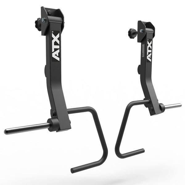 The ATX® PRX Jammer Arms are black wall-mounted barbell holders with adjustable arms and hooks. They feature sturdy metal construction and a sleek finish, perfect for organizing and storing gym equipment.