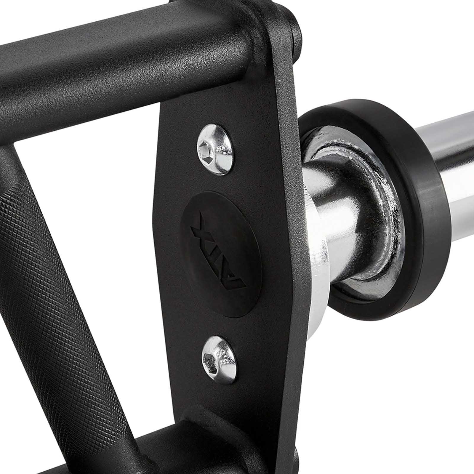 Close-up of a hex bar grip and sleeve. The black grip has a textured surface, and the sleeve is metallic with a shiny finish. A logo is visible on the black panel adjacent to the grip.