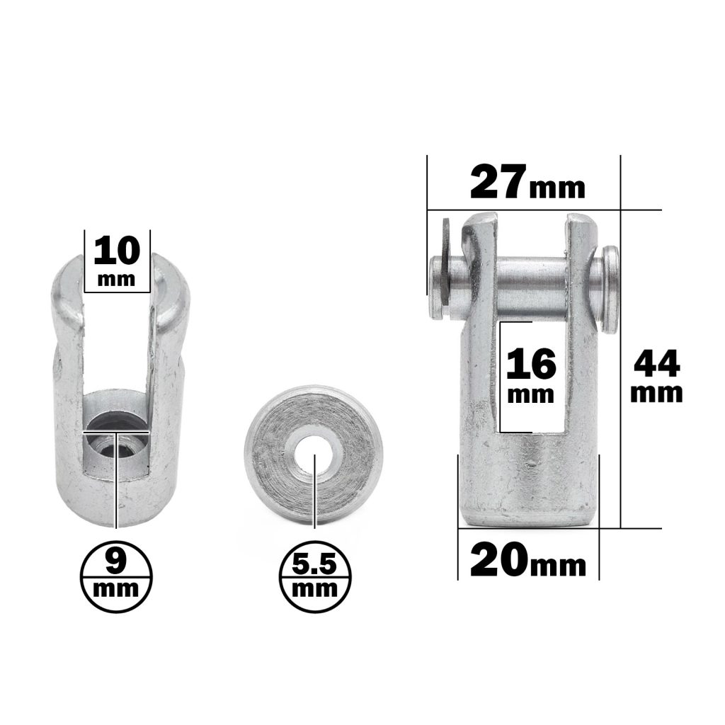 The Gym Cable 360 degree Swivel End features a metal clevis and pin with a 44mm height, 20mm width, and 16mm fork width. It includes a 10mm opened hole and a pin with a 9mm diameter and a 5.5mm hole.