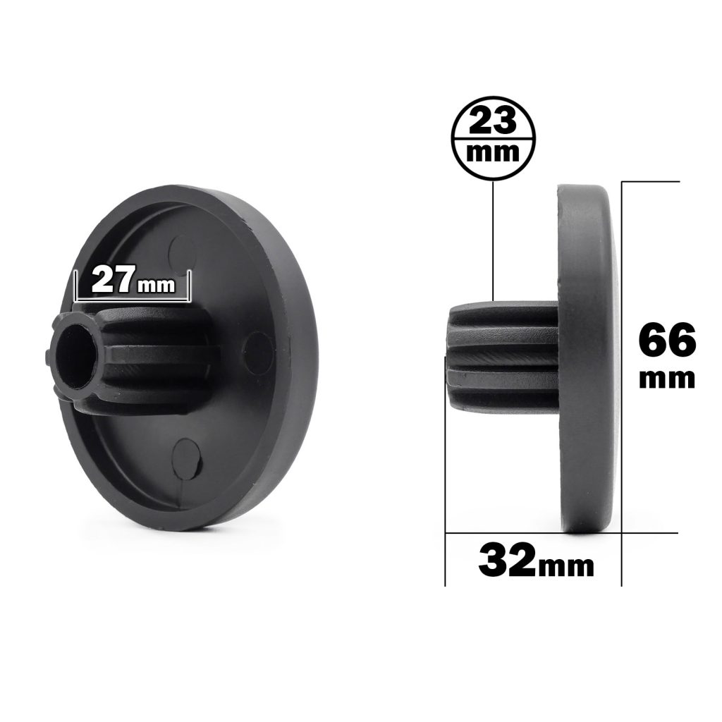 A black plastic round leveling foot features a ribbed center column with dimensions of 23mm external diameter (top view), 27mm internal diameter (bottom view), 32mm overall diameter, and a height of 66mm. It is not to be confused with the Foam Roller Cover, which is 65mm.