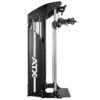 A black and silver ATX cable machine with adjustable pulleys and handles, designed for strength training. It has a sleek design with multiple weight stacks and a platform for standing exercises.