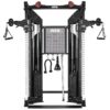 A black ATX functional trainer with dual adjustable pulleys, weight stacks, and multiple attachments including handles, ropes, and a straight bar. The machine is designed for versatile strength training exercises.