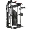 A multi-functional gym machine featuring a cable system with adjustable pulleys, weight stacks, and a chin-up bar. The equipment is black and silver with attachments for various strength training exercises.