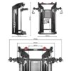 A multi-functional gym machine with adjustable pulleys and cables, featuring measurements for height and width. The black structure includes handles, weight stacks, and a central console, designed for various strength training exercises.