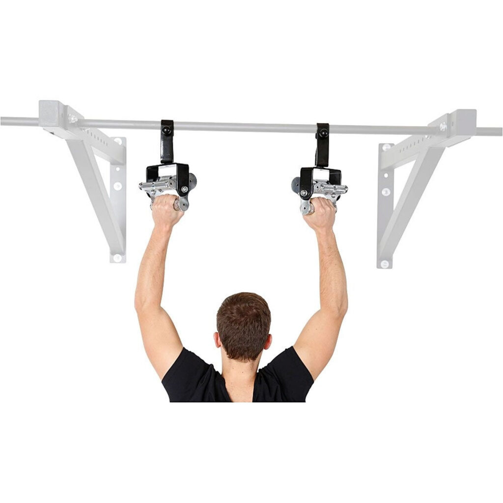 Wearing a black shirt and facing away, a person does pull-ups on a white wall-mounted bar, using two adjustable grip tools, including the 3 Grip Chin Up Handle.