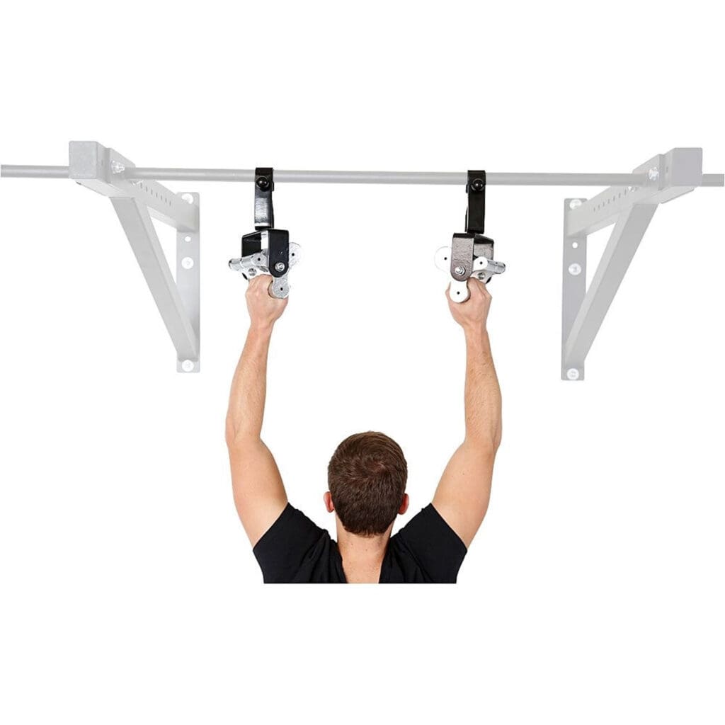 Clad in a black shirt, a person demonstrates strength by using 3 Grip Chin Up Handles that glide smoothly on a ceiling-mounted pull-up bar supported by strong metal brackets.