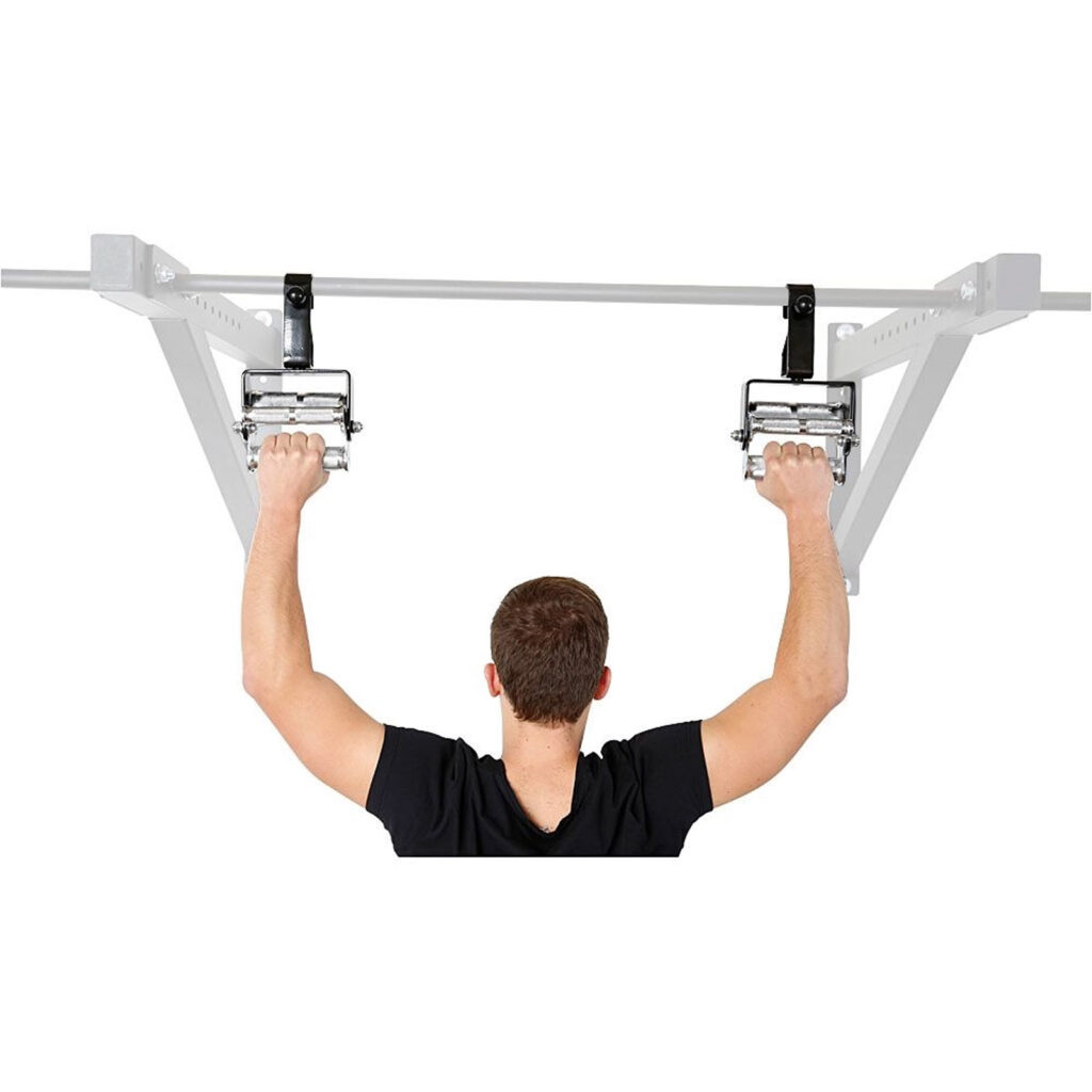 Wearing a black shirt, a person does pull-ups on a mounted bar with adjustable 3 Grip Chin Up Handles. The view from behind highlights their arms and the cutting-edge equipment.