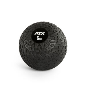 An ATX® Slam Ball in black, weighing 6 kg with a textured surface, is depicted against a plain white background.