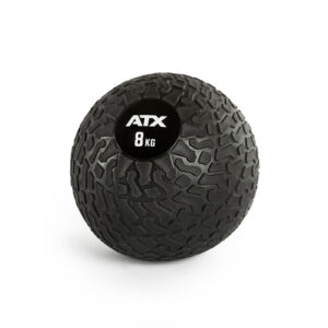 A textured black ATX® Slam Ball, labeled ATX 8 KG, designed for fitness and weight training, set against a plain white background.