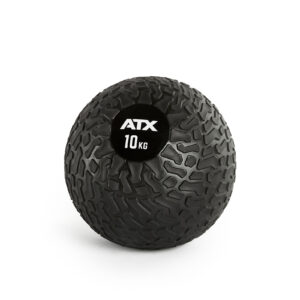 A textured ATX® Slam Ball, black with a center label showing 10 kg, rests on a white background.