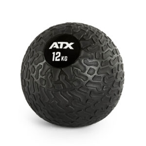 A black ATX 12 KG slam ball with a rugged, tire-like textured surface, ideal for fitness and strength training exercises.