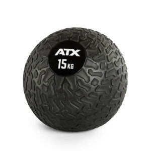A black ATX® Slam Ball labeled 15 KG, featuring a textured surface for exercise and strength training, is placed against a white background.