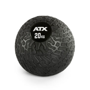 A black, textured exercise ball with ATX® Slam Ball 20 KG labeled on the surface.